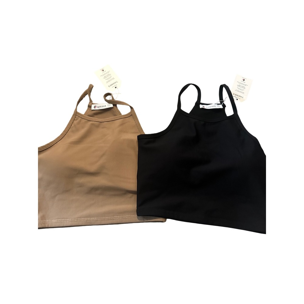Laslulu Womens 2PK Ribbed High Neck Crop Top Built-in Bra Black Tan Small NWT